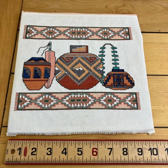 Southwestern Pueblo Pottery Completed Cross Stitch Embroidery Vintage 10"x10" - Picture 2 of 3